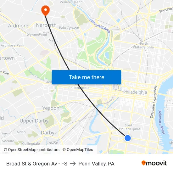 Broad St & Oregon Av - FS to Penn Valley, PA map