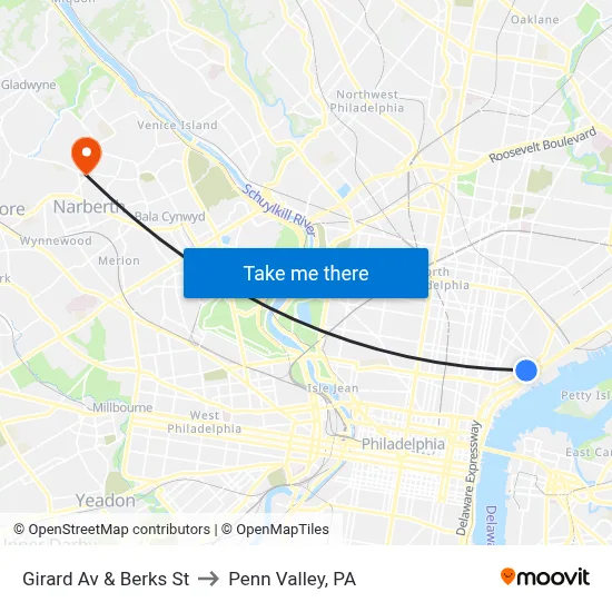 Girard Av & Berks St to Penn Valley, PA map