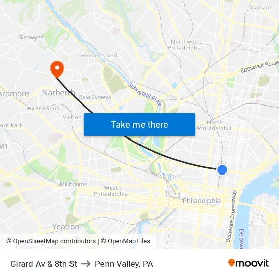 Girard Av & 8th St to Penn Valley, PA map