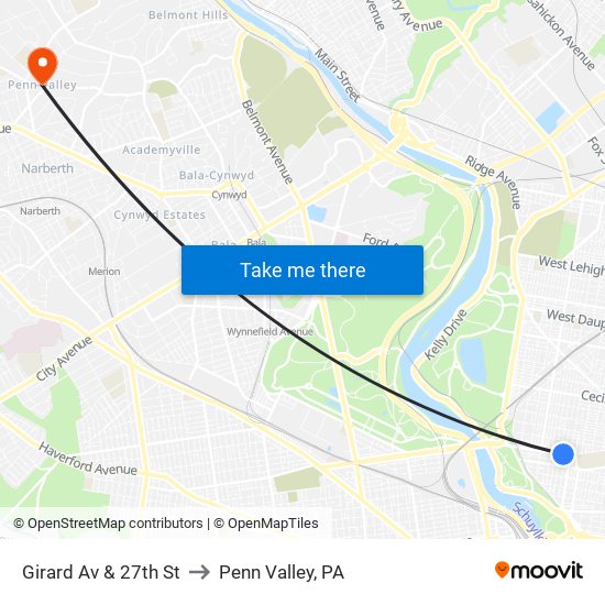 Girard Av & 27th St to Penn Valley, PA map