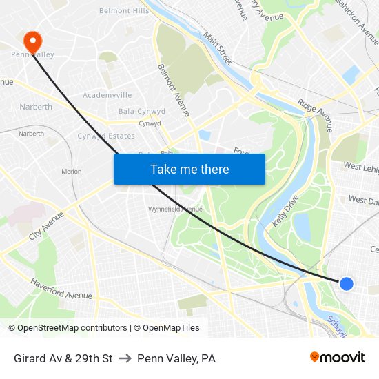 Girard Av & 29th St to Penn Valley, PA map