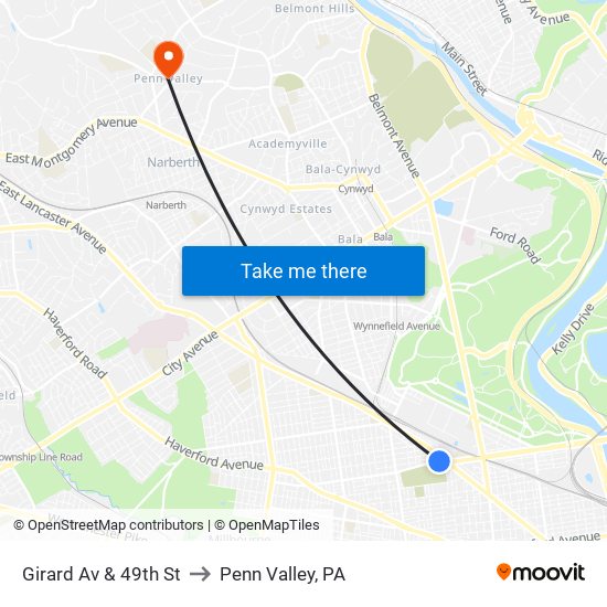 Girard Av & 49th St to Penn Valley, PA map
