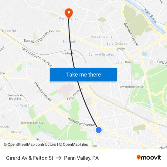 Girard Av & Felton St to Penn Valley, PA map