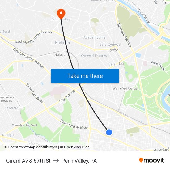Girard Av & 57th St to Penn Valley, PA map