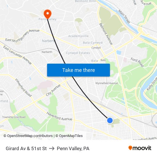 Girard Av & 51st St to Penn Valley, PA map