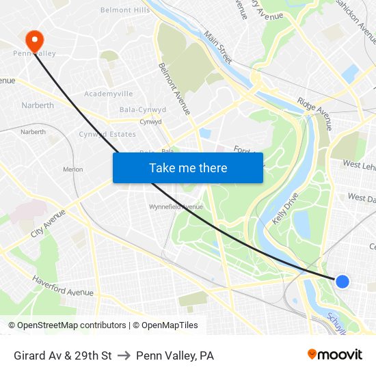 Girard Av & 29th St to Penn Valley, PA map