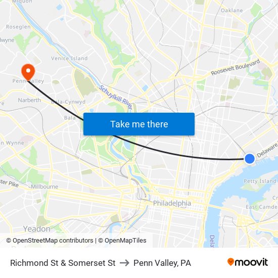 Richmond St & Somerset St to Penn Valley, PA map