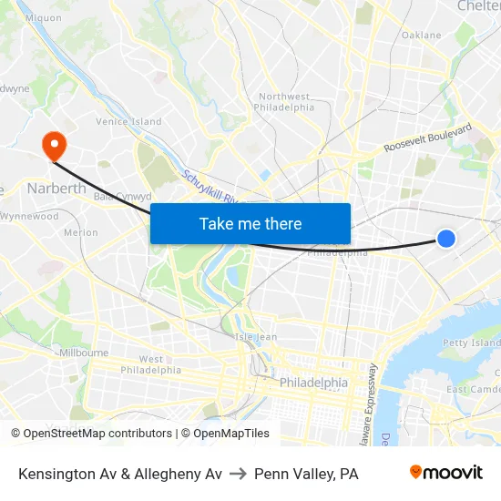 Kensington Av & Allegheny Av to Penn Valley, PA map