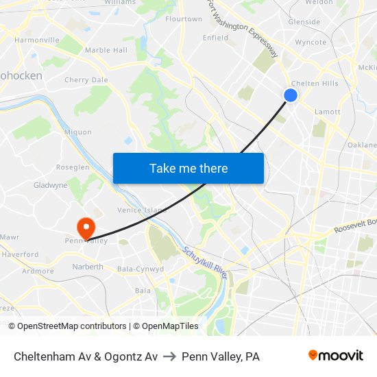 Cheltenham Av & Ogontz Av to Penn Valley, PA map