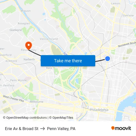 Erie Av & Broad St to Penn Valley, PA map
