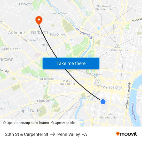 20th St & Carpenter St to Penn Valley, PA map