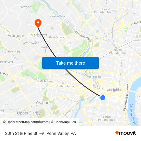 20th St & Pine St to Penn Valley, PA map