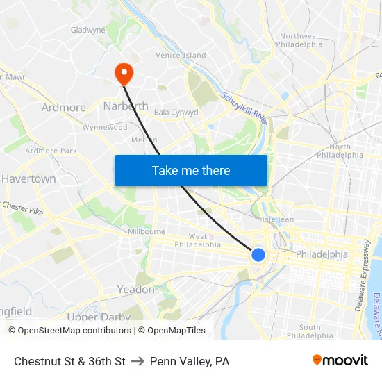 Chestnut St & 36th St to Penn Valley, PA map