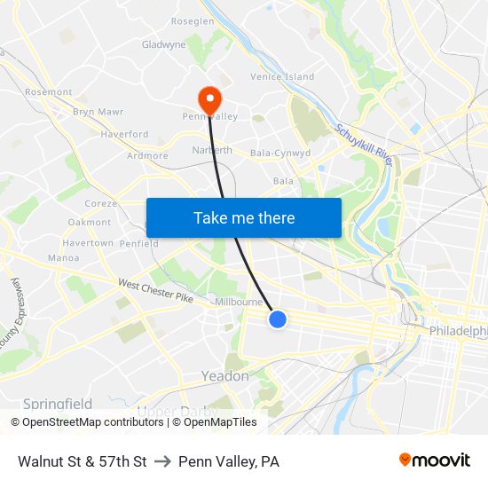 Walnut St & 57th St to Penn Valley, PA map