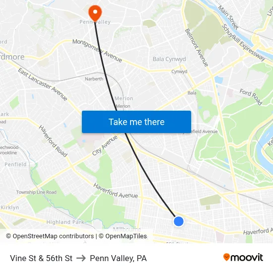Vine St & 56th St to Penn Valley, PA map