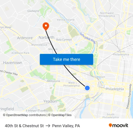 40th St & Chestnut St to Penn Valley, PA map