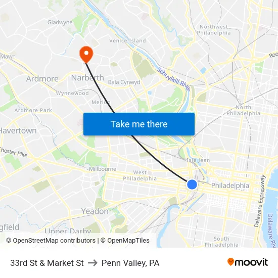 33rd St & Market St to Penn Valley, PA map