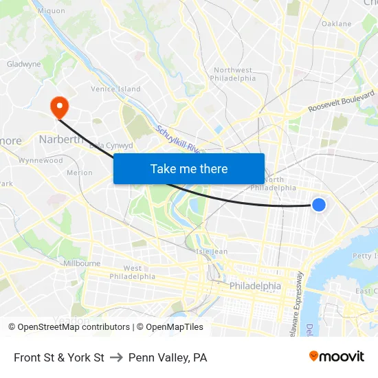 Front St & York St to Penn Valley, PA map