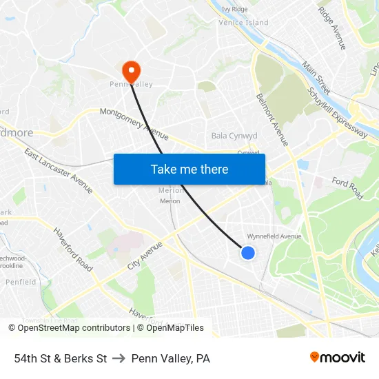54th St & Berks St to Penn Valley, PA map
