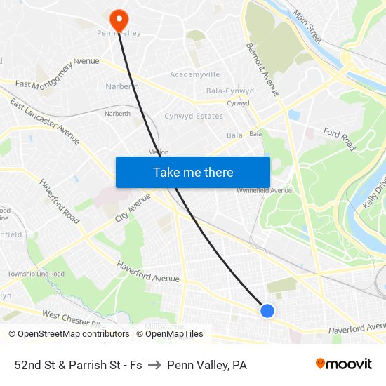 52nd St & Parrish St - Fs to Penn Valley, PA map