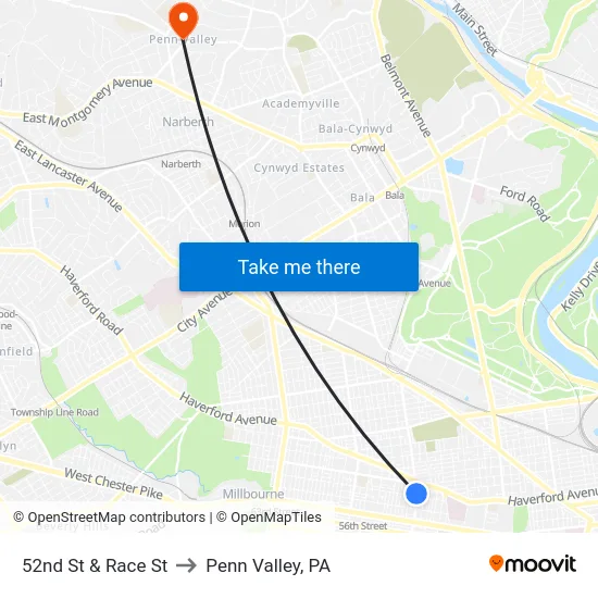 52nd St & Race St to Penn Valley, PA map