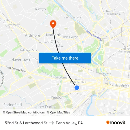 52nd St & Larchwood St to Penn Valley, PA map