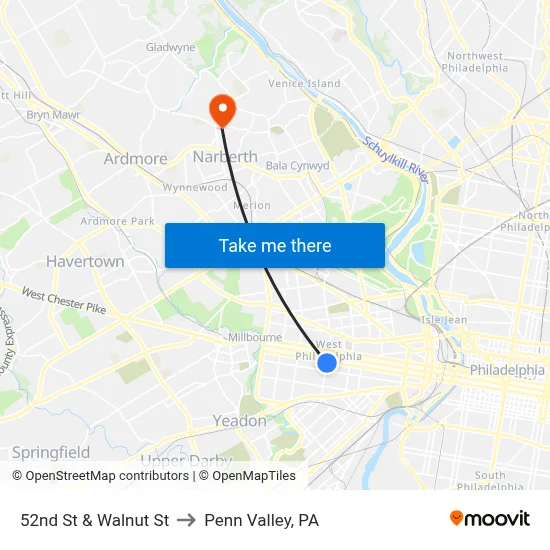 52nd St & Walnut St to Penn Valley, PA map