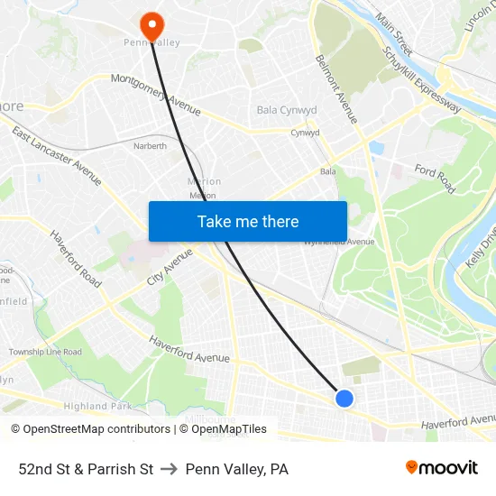 52nd St & Parrish St to Penn Valley, PA map
