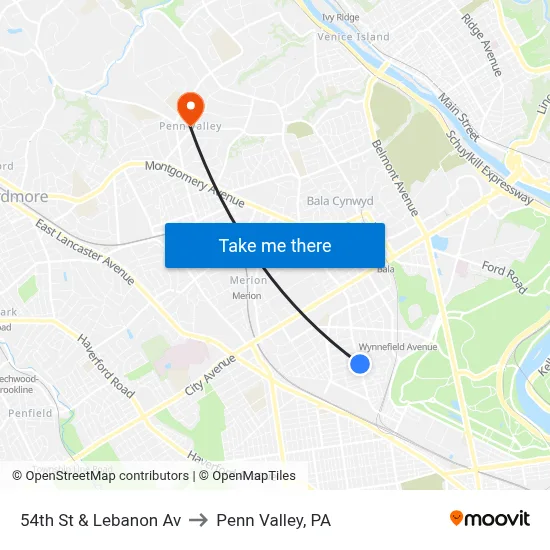 54th St & Lebanon Av to Penn Valley, PA map