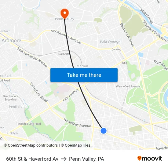 60th St & Haverford Av to Penn Valley, PA map