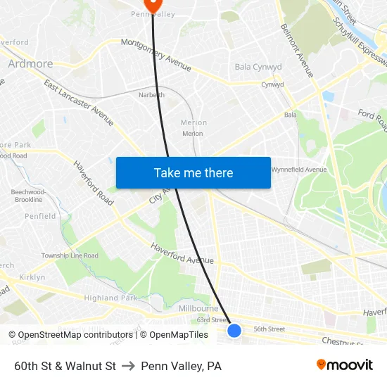 60th St & Walnut St to Penn Valley, PA map