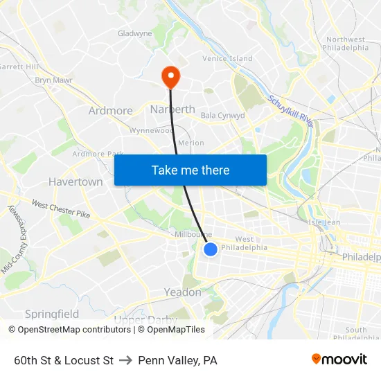 60th St & Locust St to Penn Valley, PA map