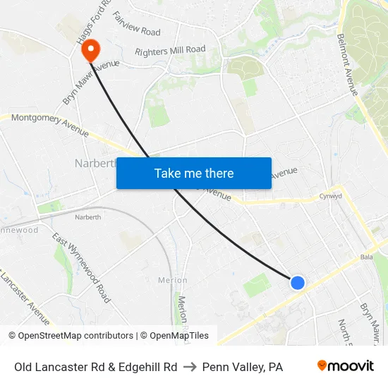 Old Lancaster Rd & Edgehill Rd to Penn Valley, PA map