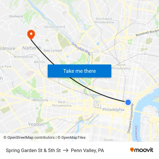 Spring Garden St & 5th St to Penn Valley, PA map