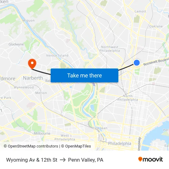 Wyoming Av & 12th St to Penn Valley, PA map