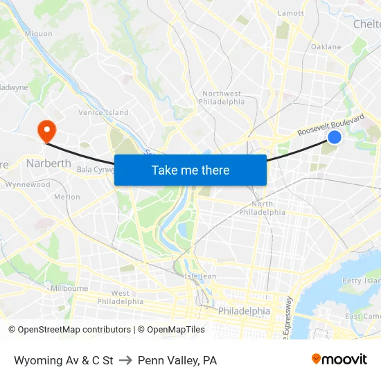 Wyoming Av & C St to Penn Valley, PA map