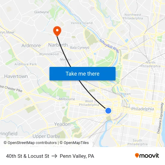 40th St & Locust St to Penn Valley, PA map