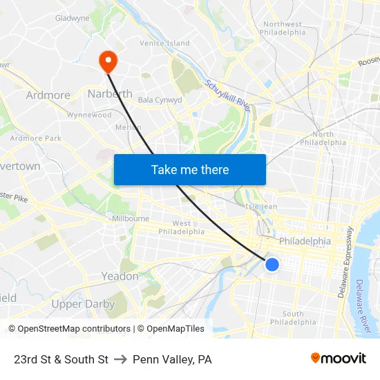 23rd St & South St to Penn Valley, PA map