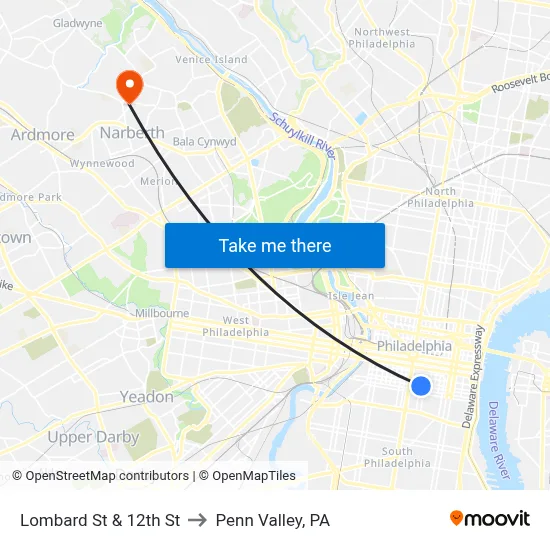 Lombard St & 12th St to Penn Valley, PA map