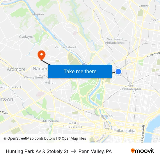 Hunting Park Av & Stokely St to Penn Valley, PA map
