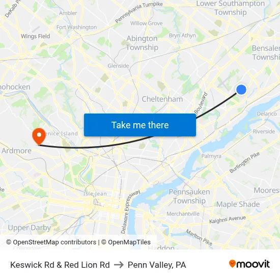 Keswick Rd & Red Lion Rd to Penn Valley, PA map