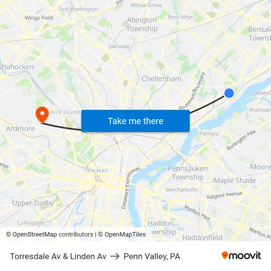 Torresdale Av & Linden Av to Penn Valley, PA map