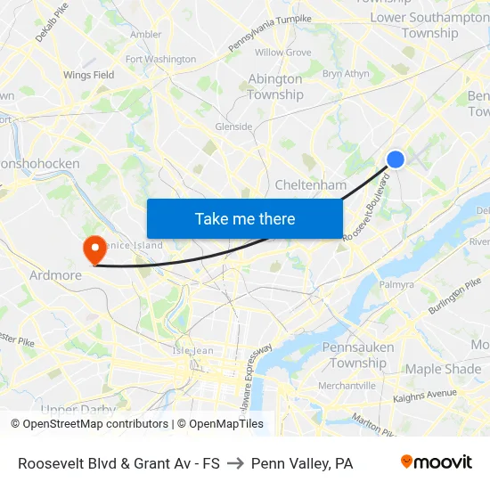 Roosevelt Blvd & Grant Av - FS to Penn Valley, PA map