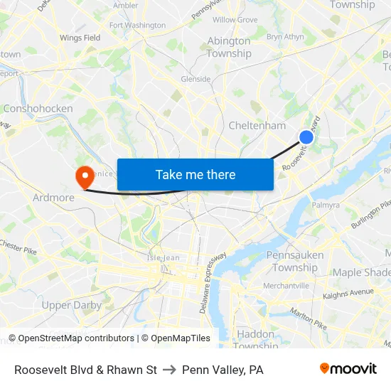 Roosevelt Blvd & Rhawn St to Penn Valley, PA map