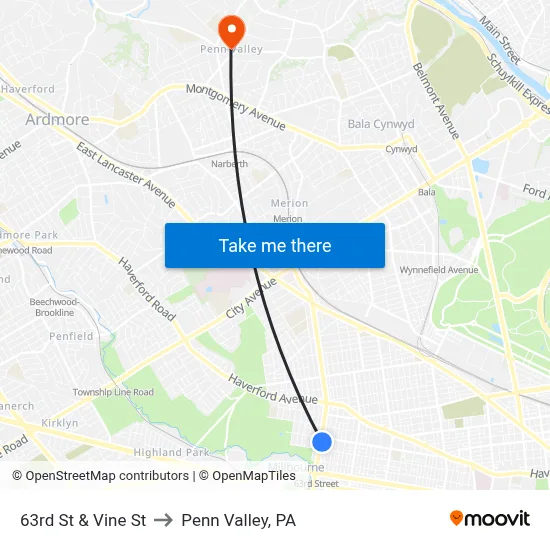 63rd St & Vine St to Penn Valley, PA map