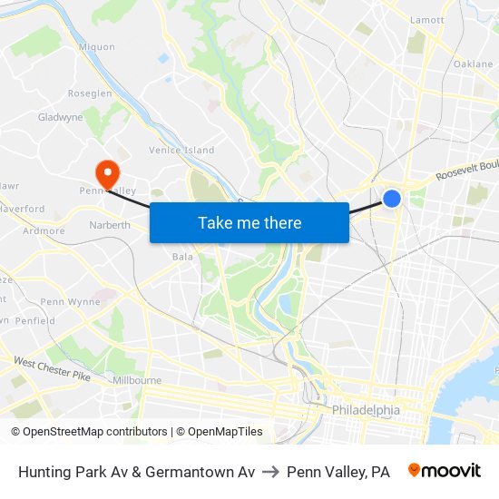 Hunting Park Av & Germantown Av to Penn Valley, PA map