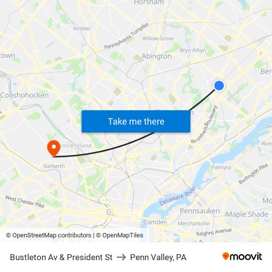 Bustleton Av & President St to Penn Valley, PA map