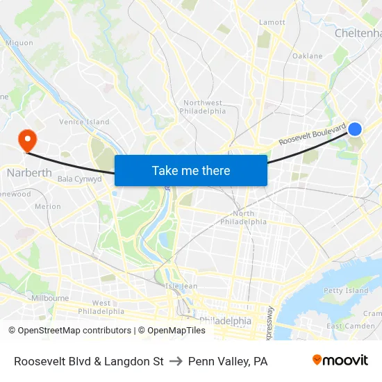 Roosevelt Blvd & Langdon St to Penn Valley, PA map
