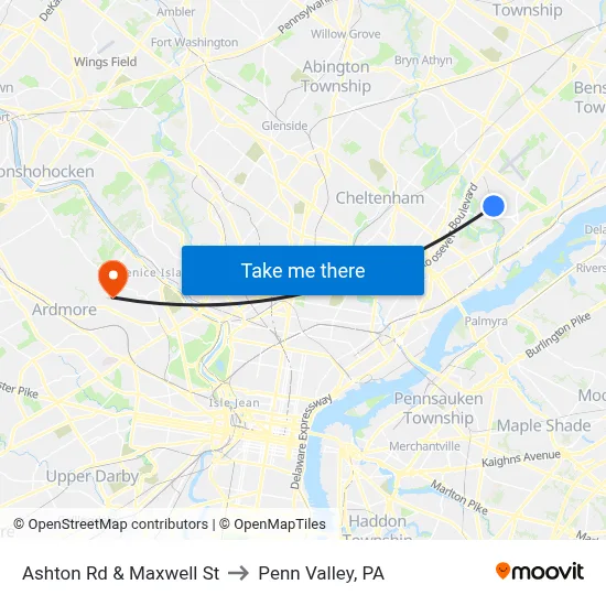Ashton Rd & Maxwell St to Penn Valley, PA map