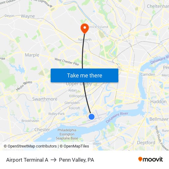 Airport Terminal A to Penn Valley, PA map